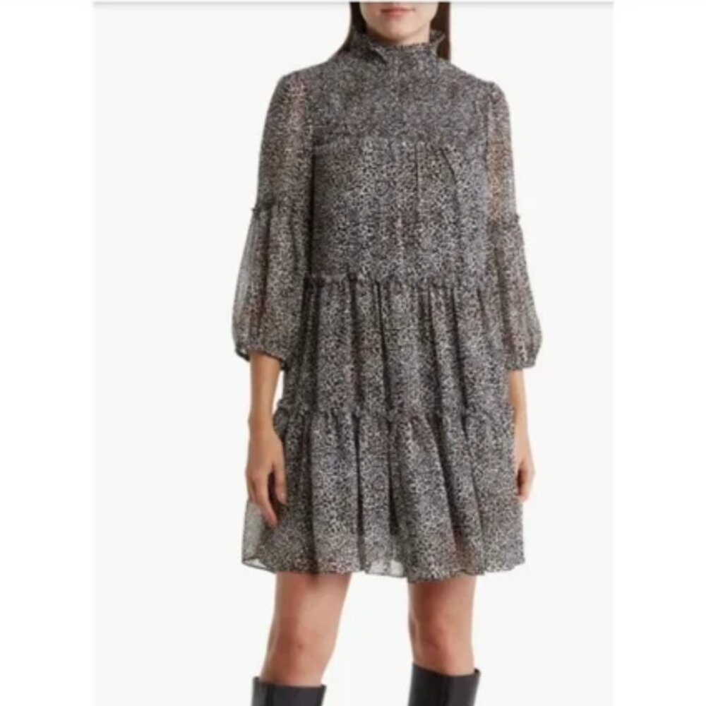 NWT Just Taylor Leopard Print Long Sleeve Babydoll Tiered Chiffon Lined Dress